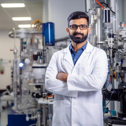 Confident handsome indian man biomedical engineer at work on blured background