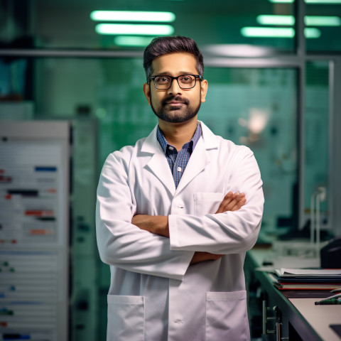 Confident handsome indian man biomedical engineer at work on blured background