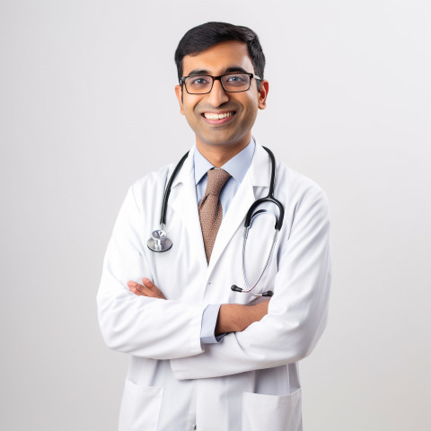 Friendly smiling handsome indian man physician at work on white background