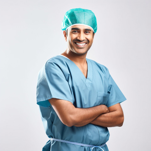 Friendly smiling handsome indian man surgeon at work on white background