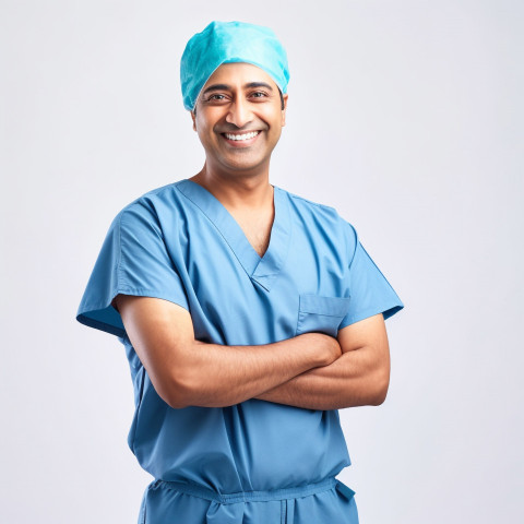 Friendly smiling handsome indian man surgeon at work on white background