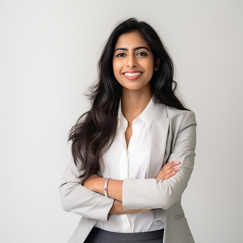 Friendly smiling beautiful indian woman legal and compliance officer at work on white background