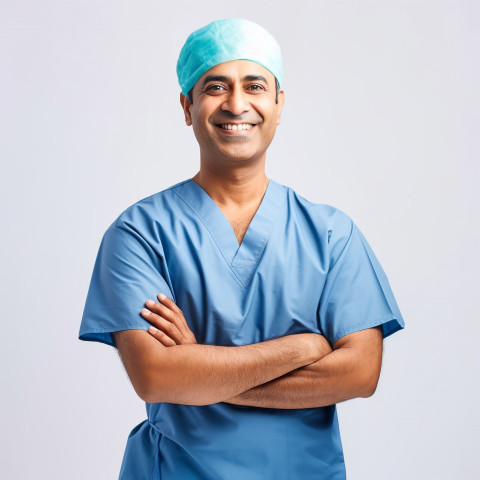 Friendly smiling handsome indian man surgeon at work on white background