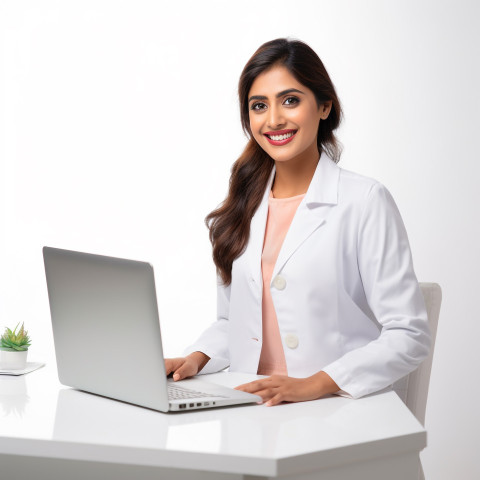 Friendly smiling beautiful indian woman medical receptionist at work on isolated white background