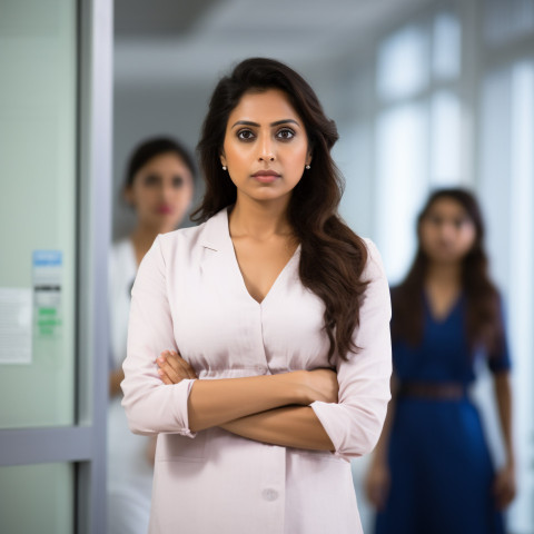 Confident beautiful indian woman patient advocate at work on blured background