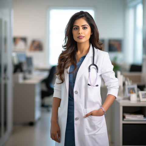 Confident beautiful indian woman patient advocate at work on blured background