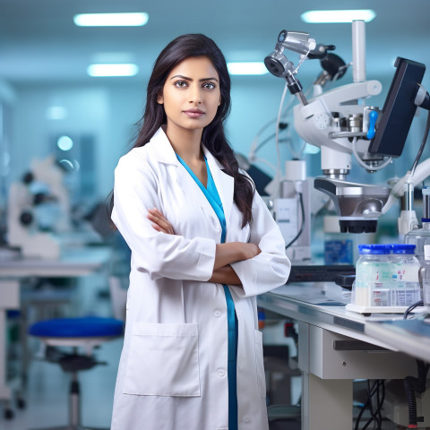 Confident beautiful indian woman medical laboratory technologist at work on blured background