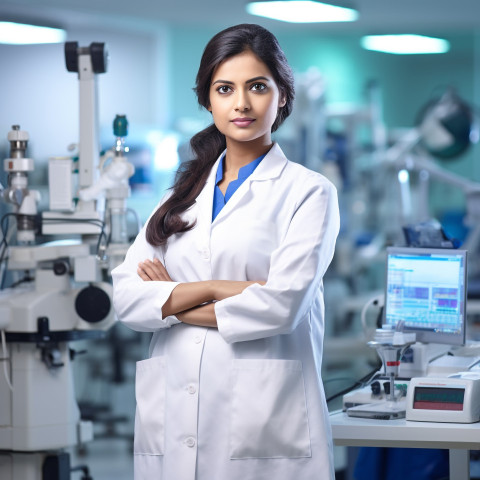 Confident beautiful indian woman medical laboratory technologist at work on blured background