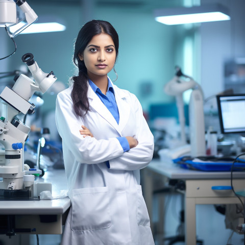 Confident beautiful indian woman medical laboratory technologist at work on blured background