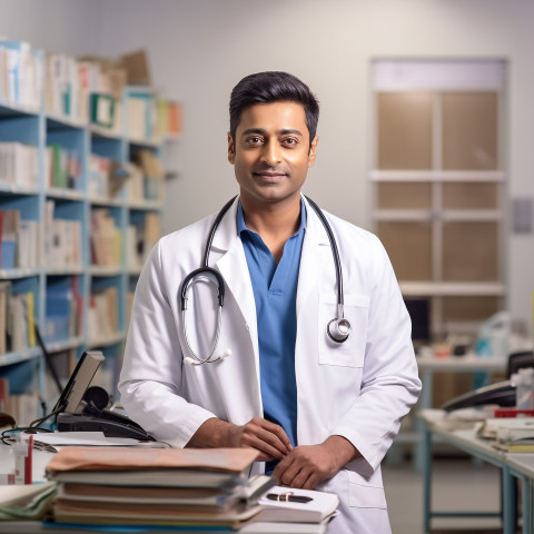 Confident handsome indian man patient advocate at work on blured background