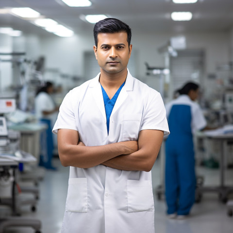 Confident handsome indian man nurse at work on blured background