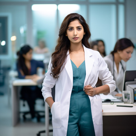 Confident beautiful indian woman patient advocate at work on blured background