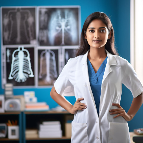 Confident beautiful indian woman respiratory therapist at work on blured background