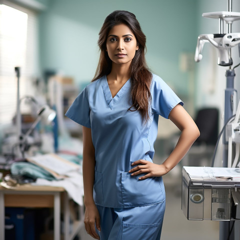 Confident beautiful indian woman occupational therapist at work on blured background