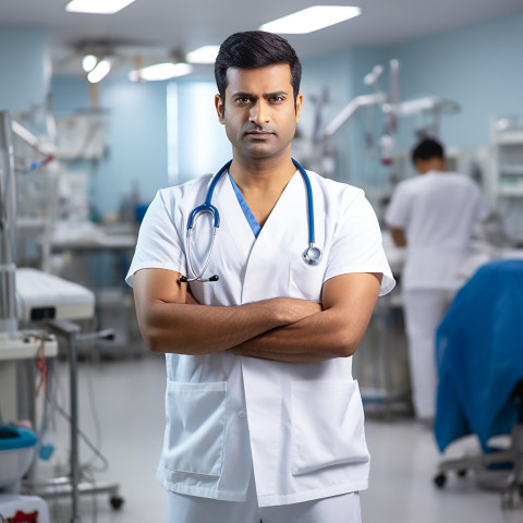 Confident handsome indian man nurse at work on blured background