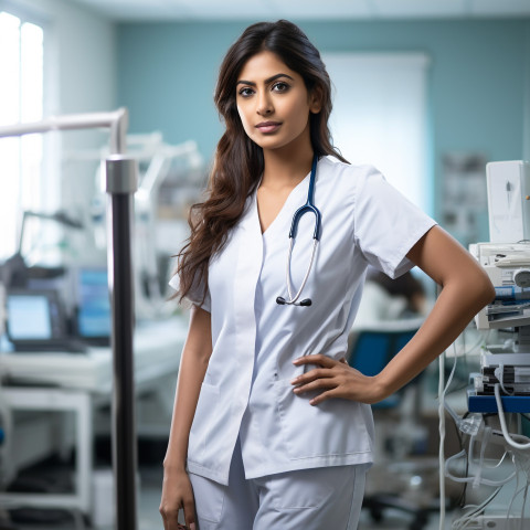 Confident beautiful indian woman occupational therapist at work on blured background