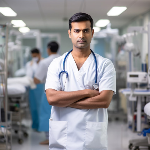 Confident handsome indian man nurse at work on blured background