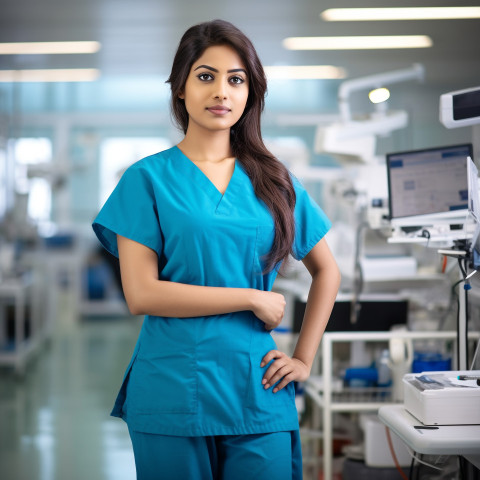 Confident beautiful indian woman medical assistant at work on blured background