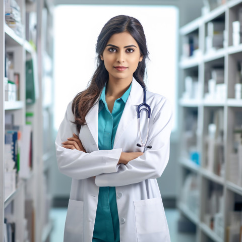 Confident beautiful indian woman pharmacist at work on blured background