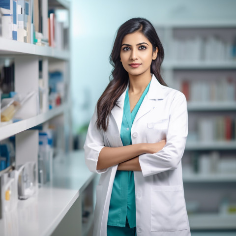 Confident beautiful indian woman pharmacist at work on blured background