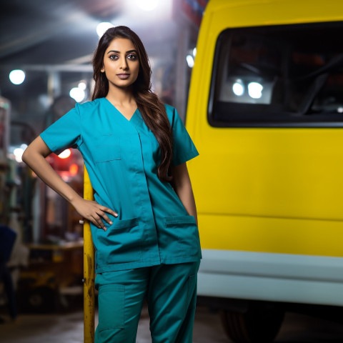 Confident beautiful indian woman ambulance driver at work on blured background