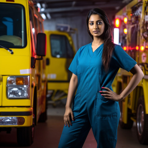 Confident beautiful indian woman ambulance driver at work on blured background