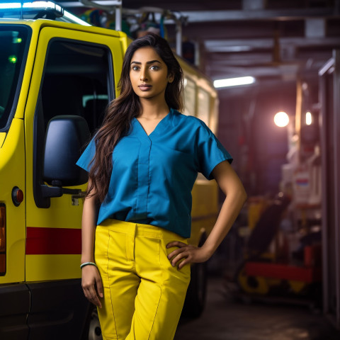 Confident beautiful indian woman ambulance driver at work on blured background