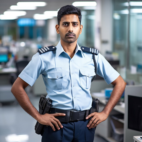 Confident handsome indian man hospital security personnel at work on blured background