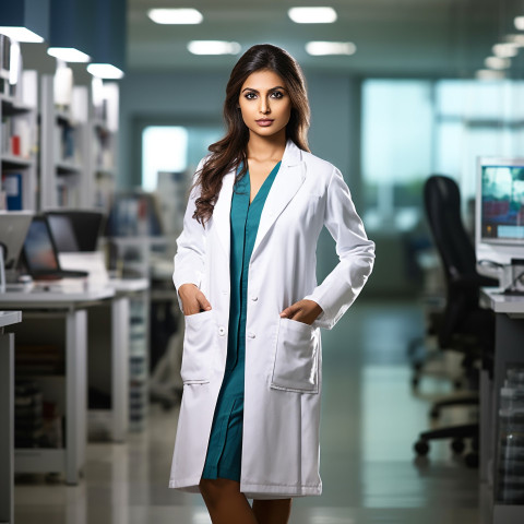 Confident beautiful indian woman physician at work on blured background