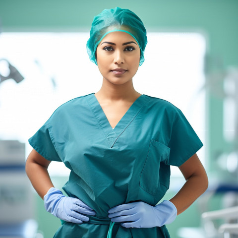 Confident beautiful indian woman surgeon at work on blured background