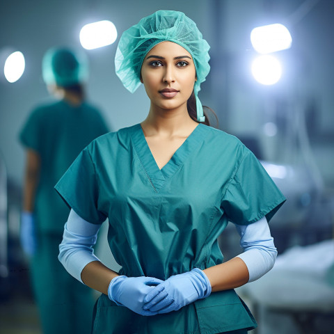 Confident beautiful indian woman surgeon at work on blured background