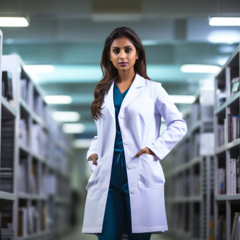 Confident beautiful indian woman physician at work on blured background