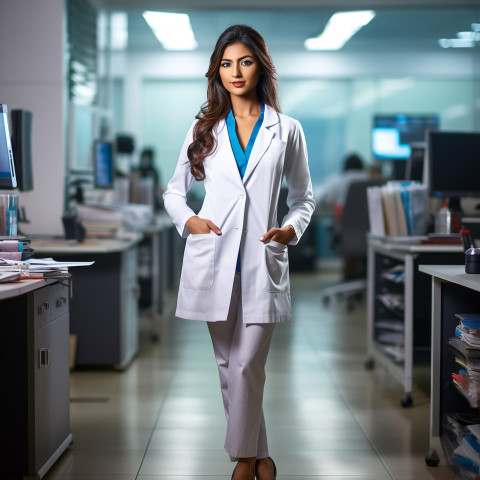 Confident beautiful indian woman physician at work on blured background