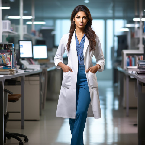 Confident beautiful indian woman physician at work on blured background