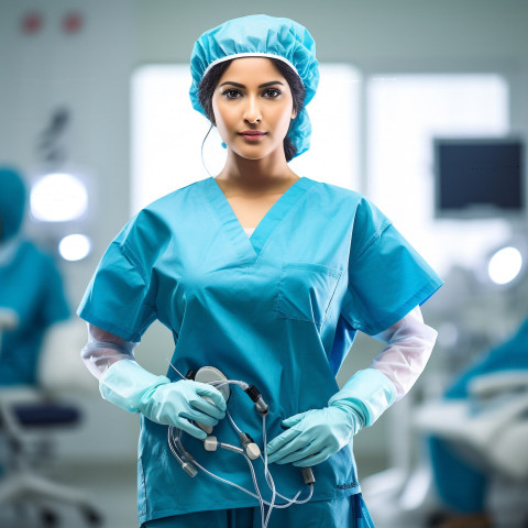 Confident beautiful indian woman surgeon at work on blured background