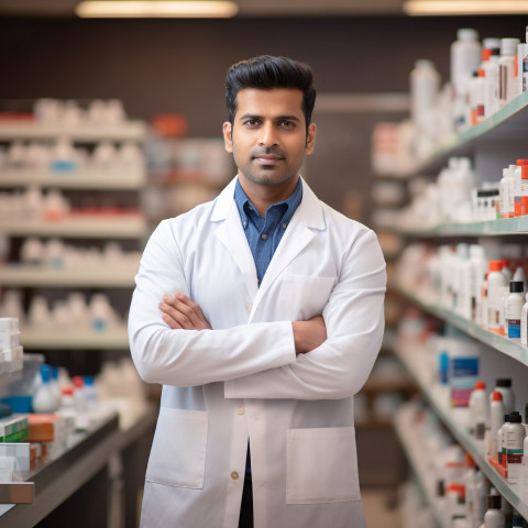 Confident handsome indian man pharmacist at work on blured background