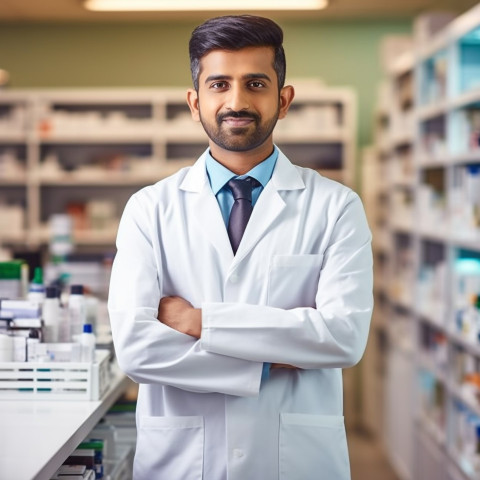 Confident handsome indian man pharmacist at work on blured background