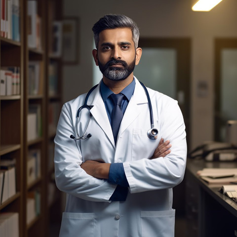 Confident handsome indian man physician at work on blured background