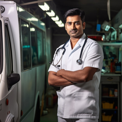 Confident handsome indian man ambulance driver at work on blured background