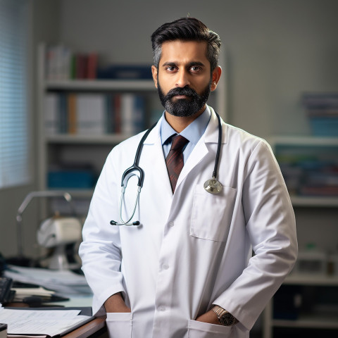 Confident handsome indian man physician at work on blured background