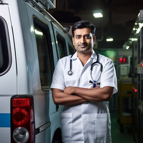 Confident handsome indian man ambulance driver at work on blured background