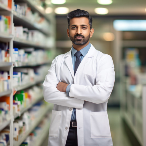 Confident handsome indian man pharmacist at work on blured background