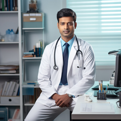 Confident handsome indian man physician at work on blured background