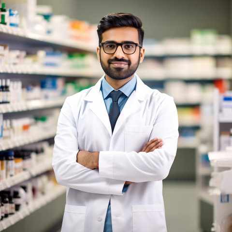 Confident handsome indian man pharmacist at work on blured background