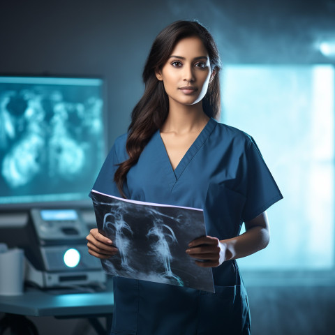 Confident beautiful indian woman radiologic technologist at work on blured background