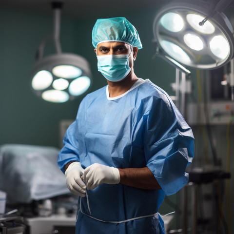 Confident handsome indian man surgeon at work on blured background