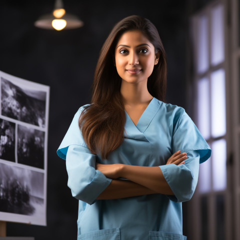 Confident beautiful indian woman radiologic technologist at work on blured background