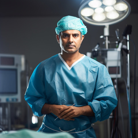 Confident handsome indian man surgeon at work on blured background