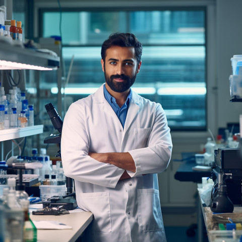 Confident handsome indian man research scientist at work on blured background