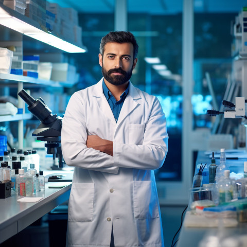 Confident handsome indian man research scientist at work on blured background